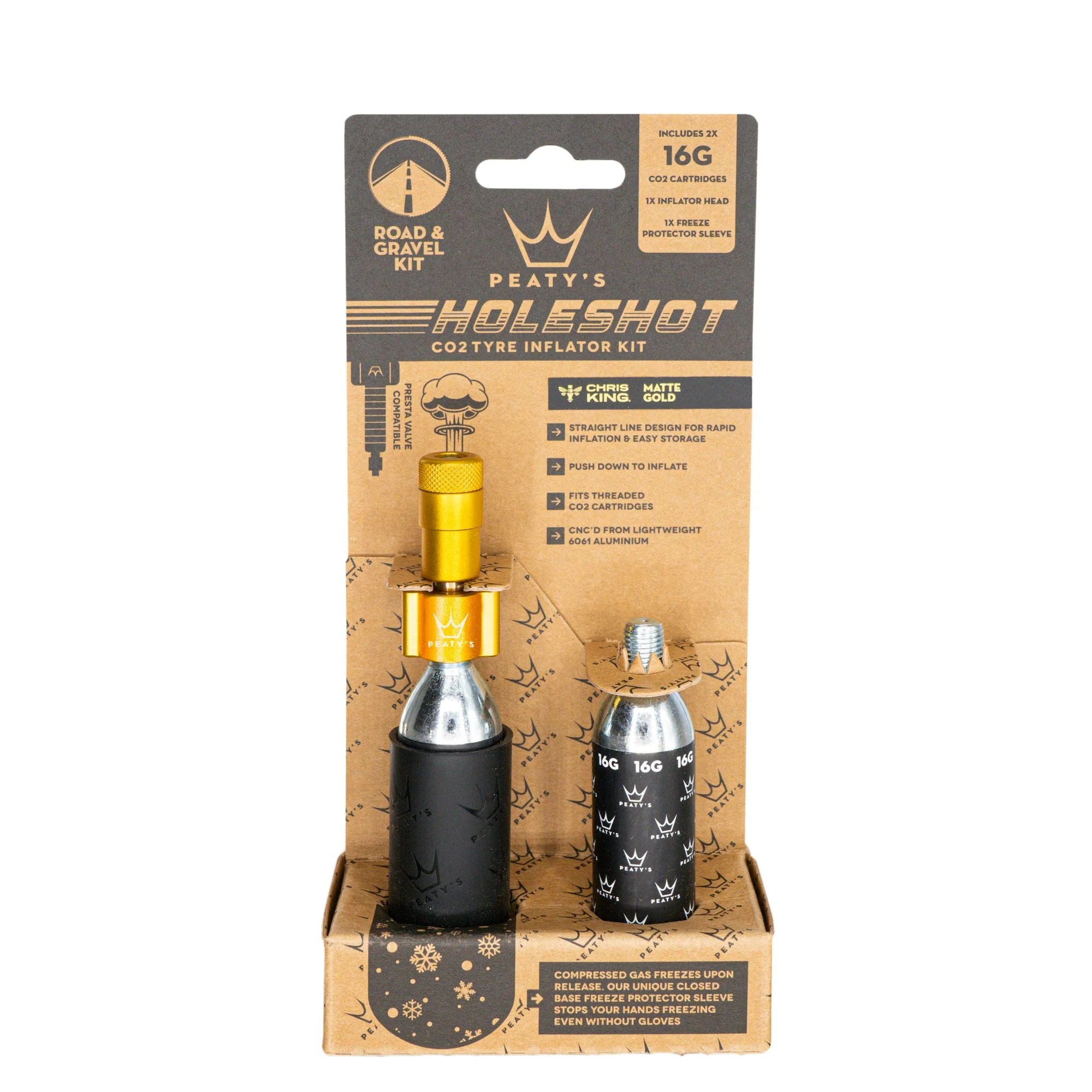 Peatys Holeshot Gravel/Road Tire Inflator Kit w/ CO2 Cartridges - Gold