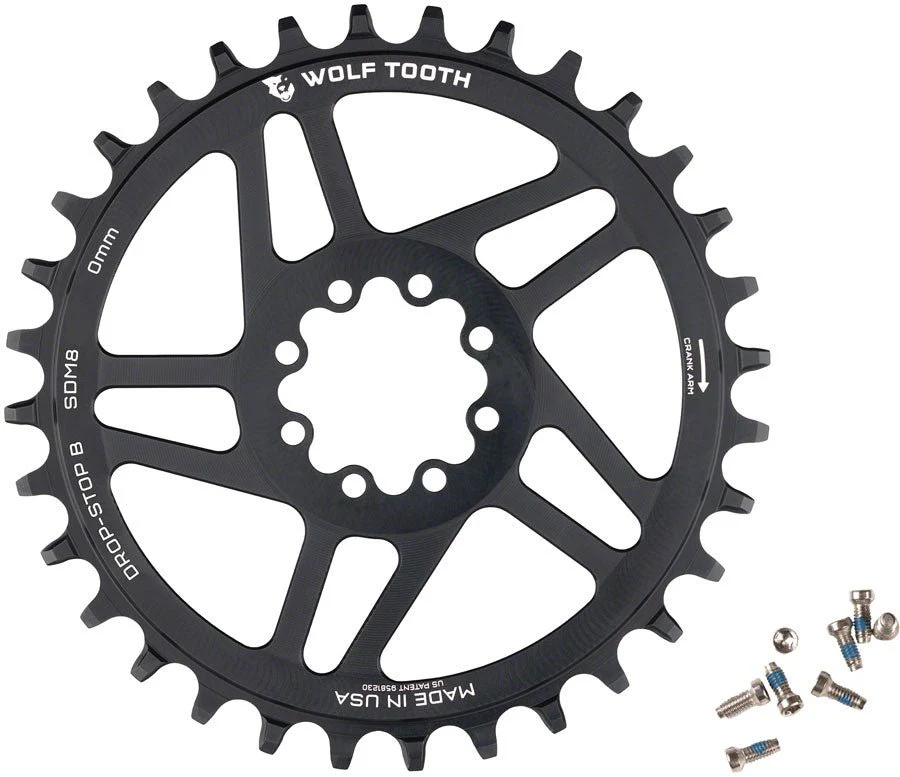 Wolf Tooth Components Chainring - Drop-Stop B - 0mm Offset - SRAM 8-Bolt Direct Mount - 36t - Round - Black