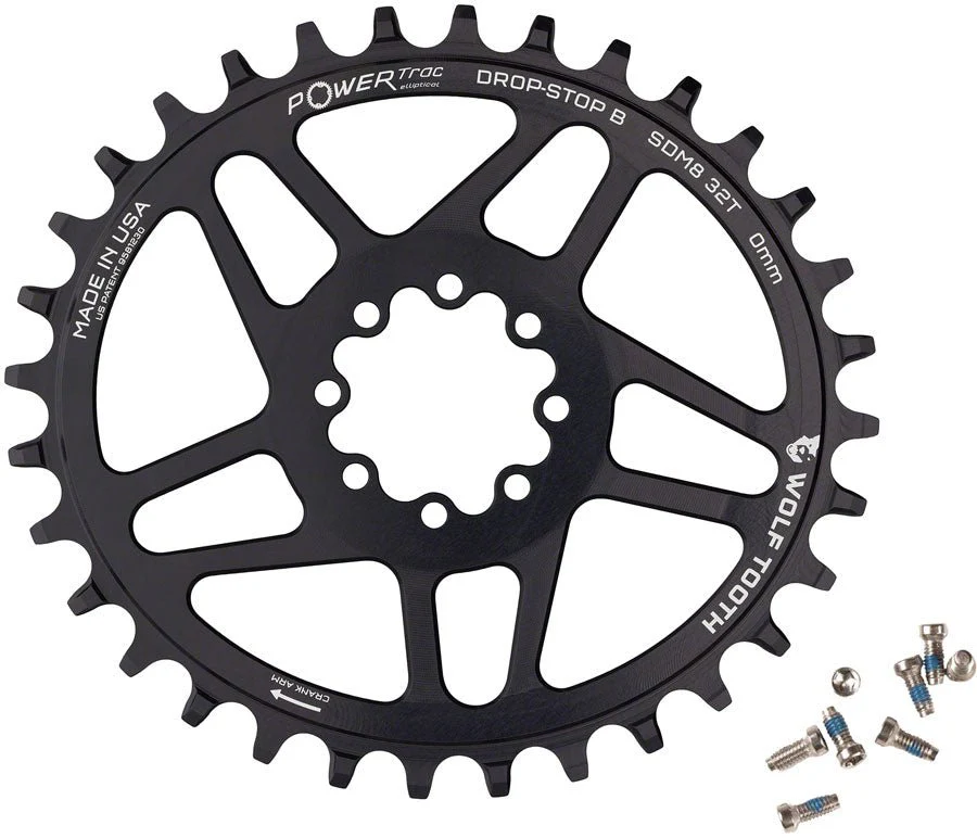 Wolf Tooth Components Chainring - Drop-Stop B - 0mm Offset - SRAM 8-Bolt Direct Mount - 32t - Oval - Black